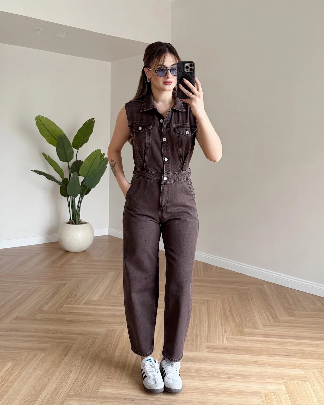 Sıfır Kol Denim Tulum - Kahve