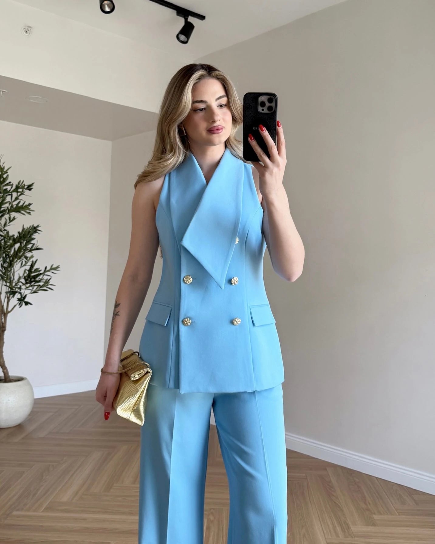 Tasarım Yakalı Yelek Pantolon Set - Bebe Mavi