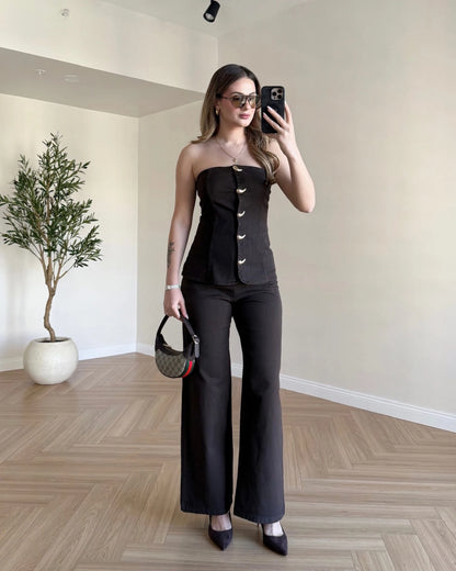 Acı Kahve Straplez Denim Takım - Acı Kahve