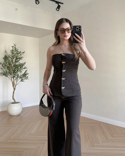 Acı Kahve Straplez Denim Takım - Acı Kahve