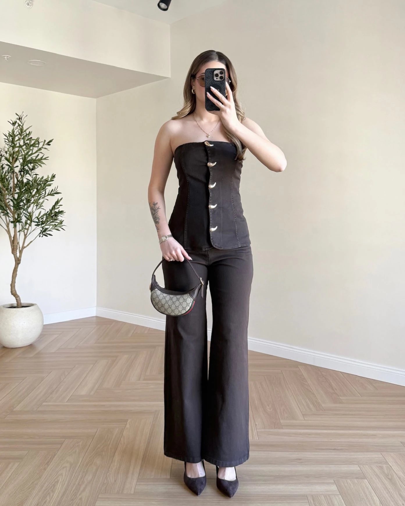 Acı Kahve Straplez Denim Takım - Acı Kahve