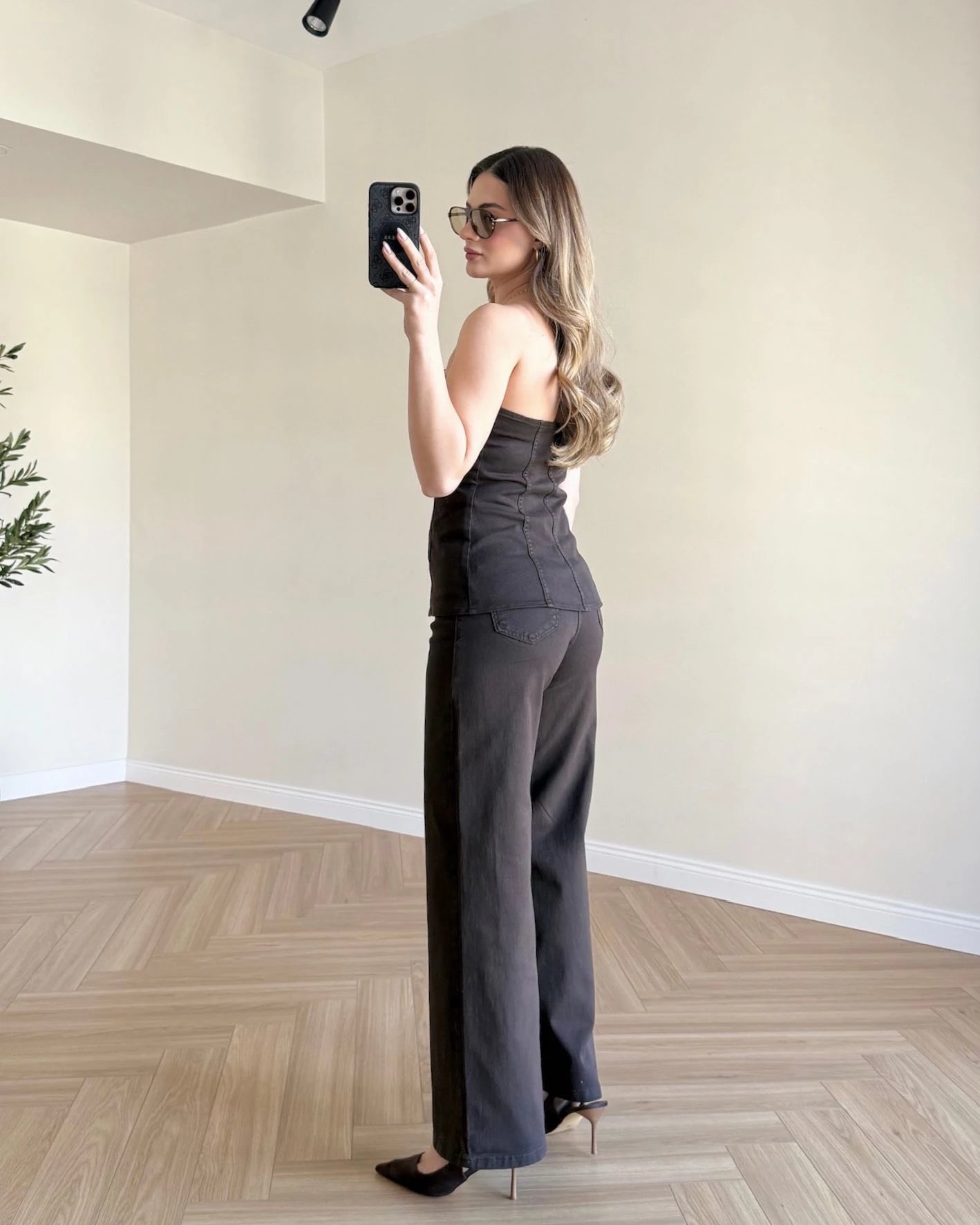 Acı Kahve Straplez Denim Takım - Acı Kahve