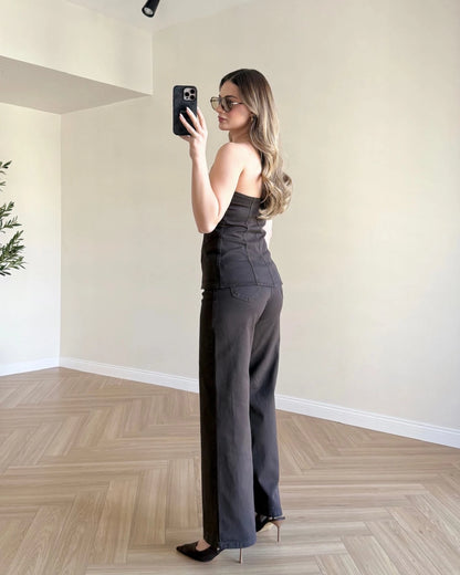 Acı Kahve Straplez Denim Takım - Acı Kahve