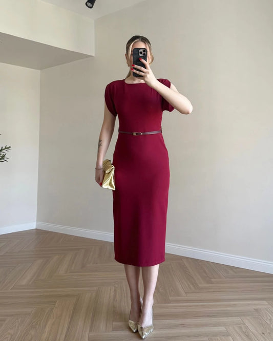 ALFRED Kemer Detaylı Kalem Elbise - Bordo