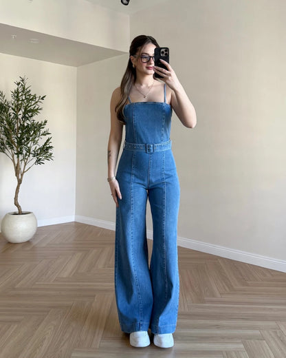 Askılı Denim Tulum - Mavi