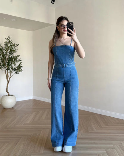 Askılı Denim Tulum - Mavi