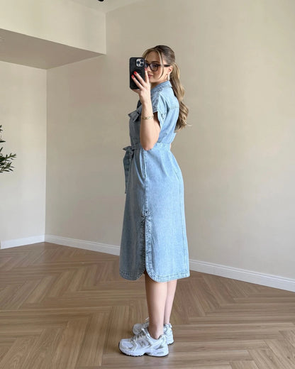 Cep Detaylı Kuşaklı Denim Elbise - Mavi