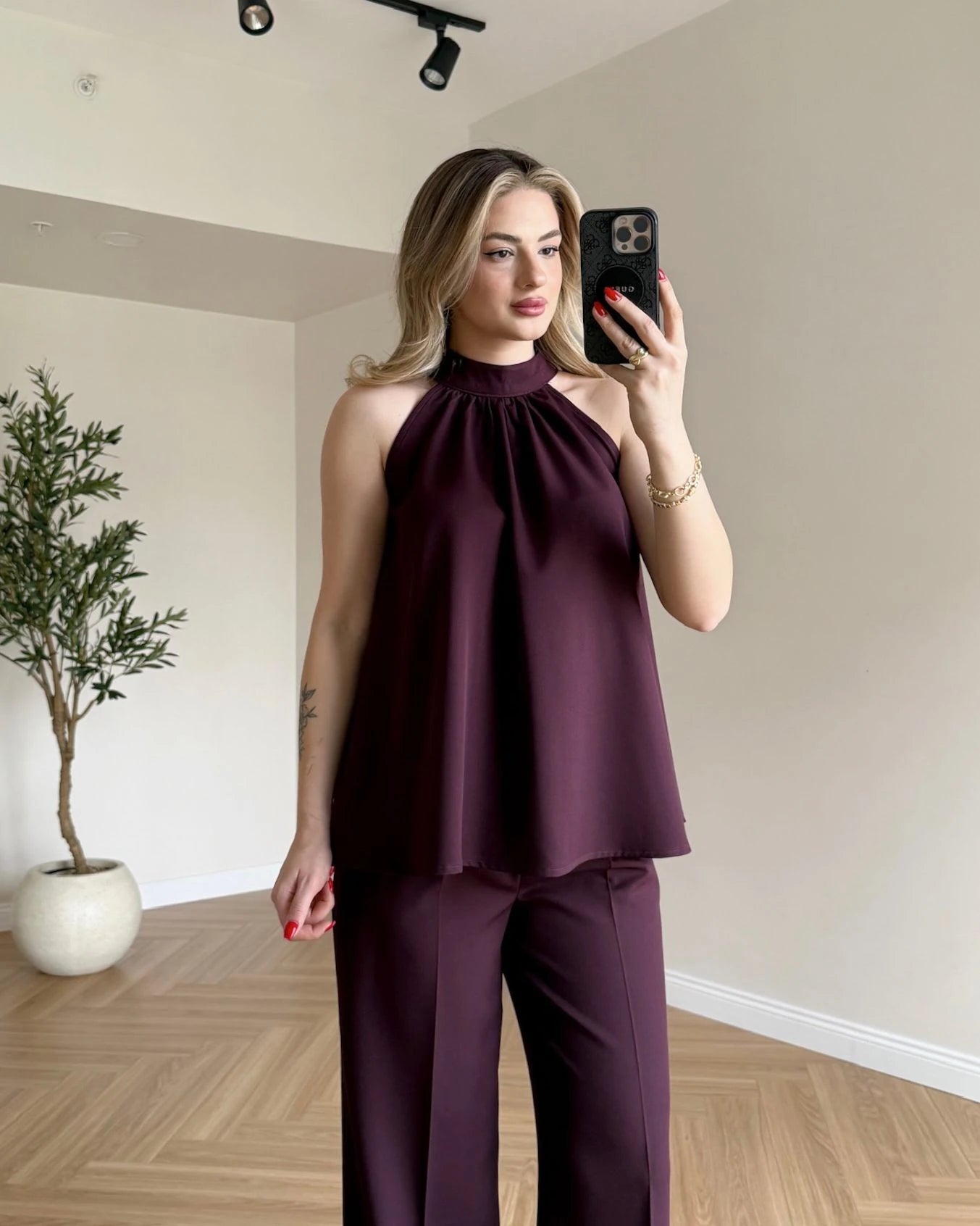 Halter Yaka Bağlamalı İkili Takım - Mürdüm