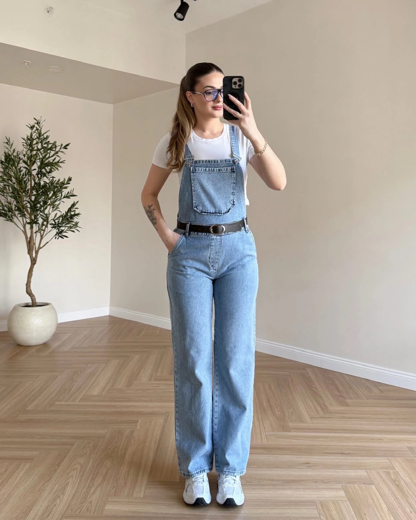 Kemerli Denim Salopet - Açık Mavi