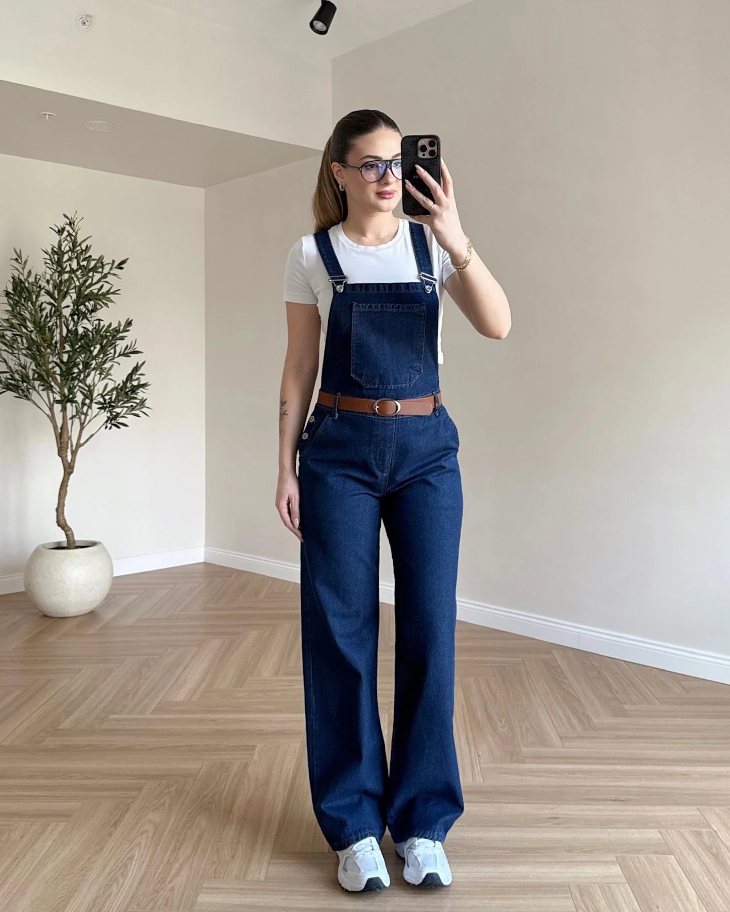 Kemerli Denim Salopet - Koyu Mavi