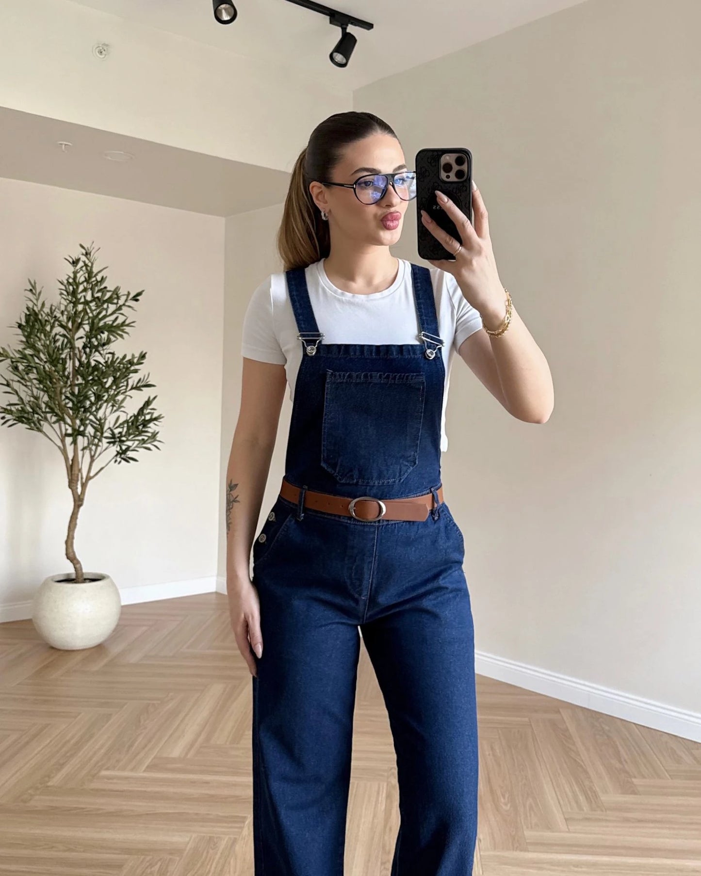 Kemerli Denim Salopet - Koyu Mavi
