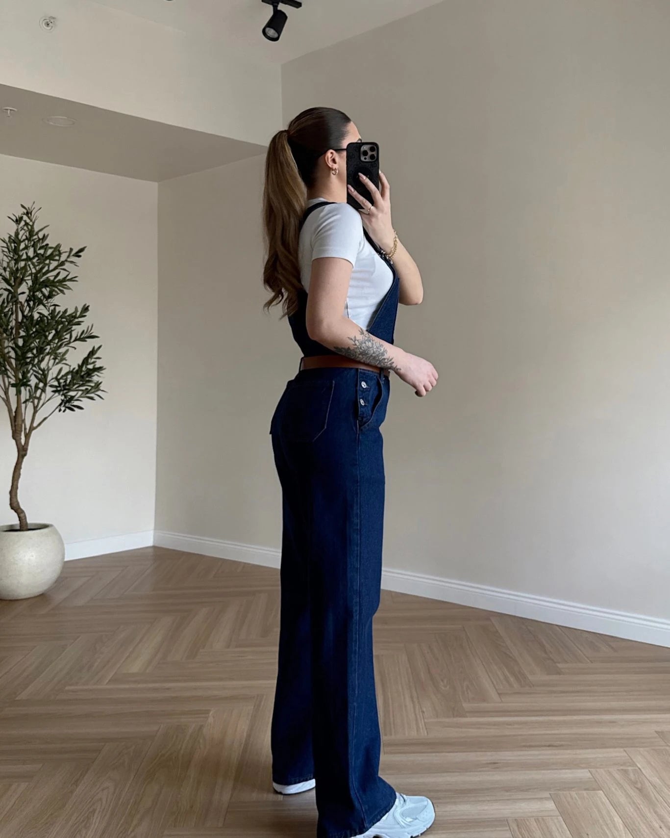 Kemerli Denim Salopet - Koyu Mavi