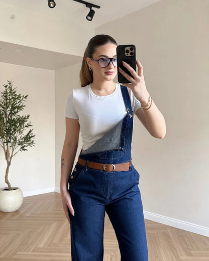 Kemerli Denim Salopet - Koyu Mavi