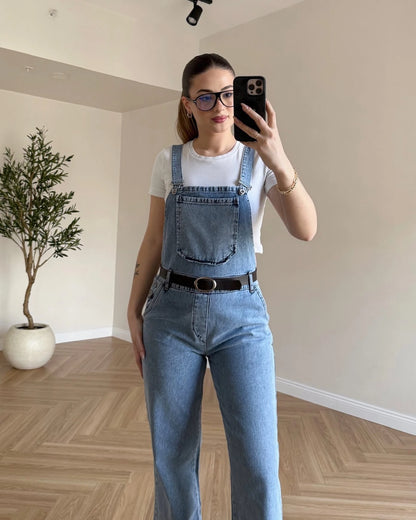 Kemerli Denim Salopet - Açık Mavi