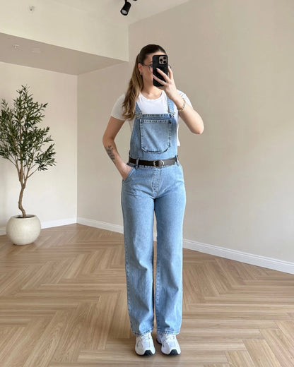 Kemerli Denim Salopet - Açık Mavi
