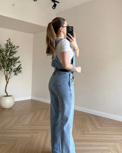 Kemerli Denim Salopet - Açık Mavi