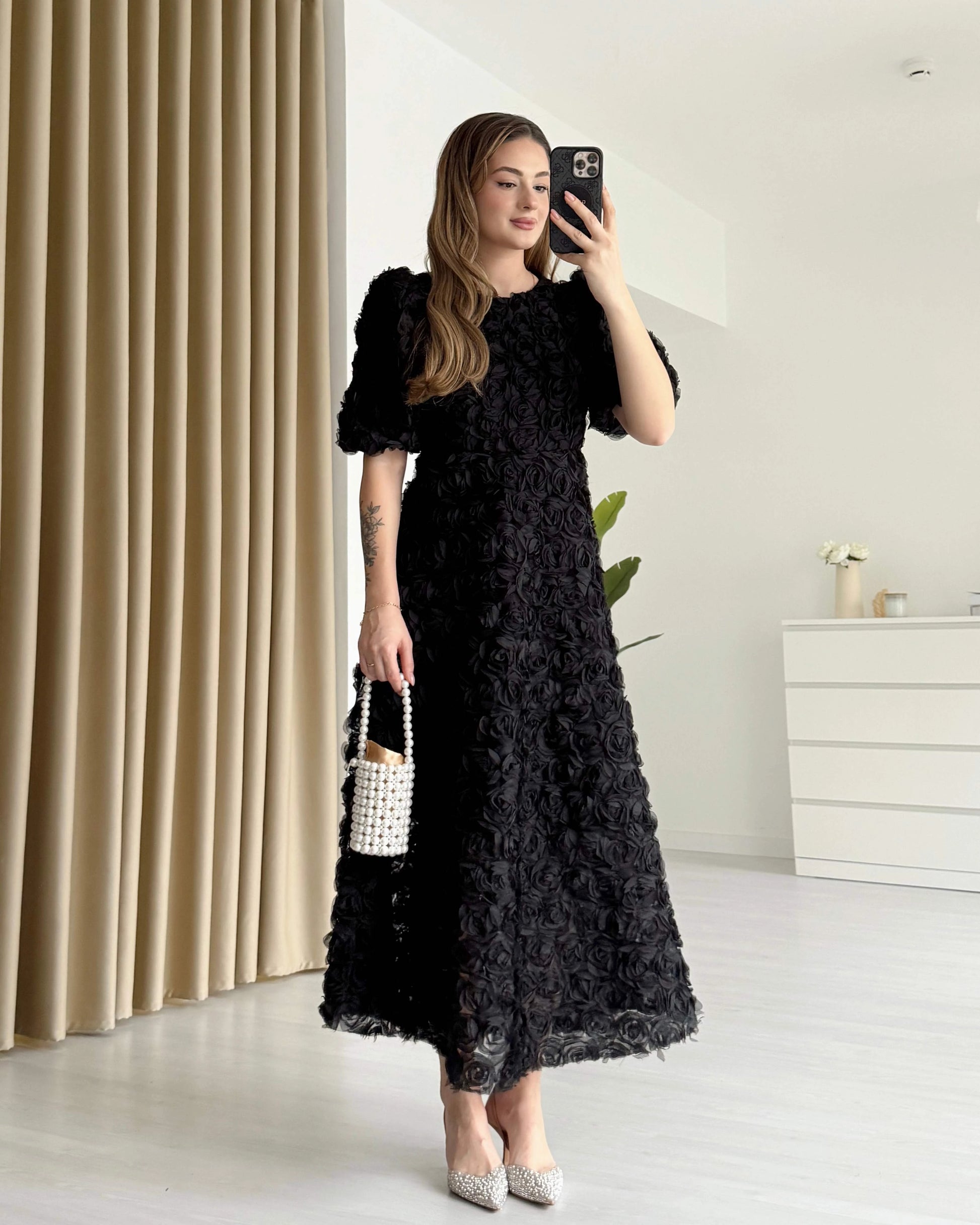 ROSELLA Balon Kol Tasarım Elbise - Siyah