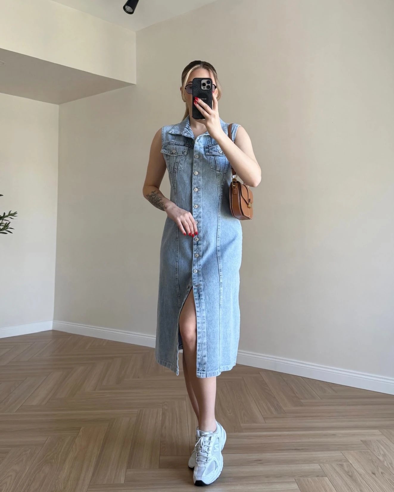 Sıfır Kol Cep Detaylı Denim Elbise - Açık Mavi