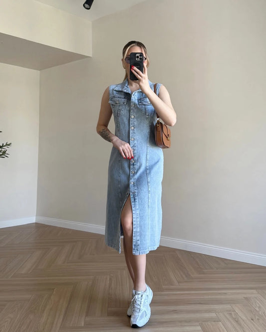 Sıfır Kol Cep Detaylı Denim Elbise - Açık Mavi
