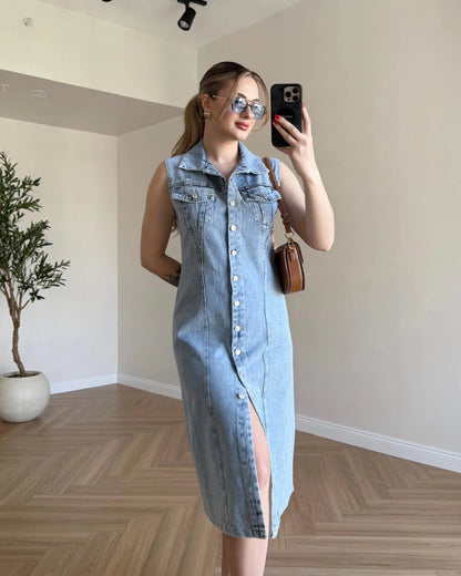 Sıfır Kol Cep Detaylı Denim Elbise - Açık Mavi