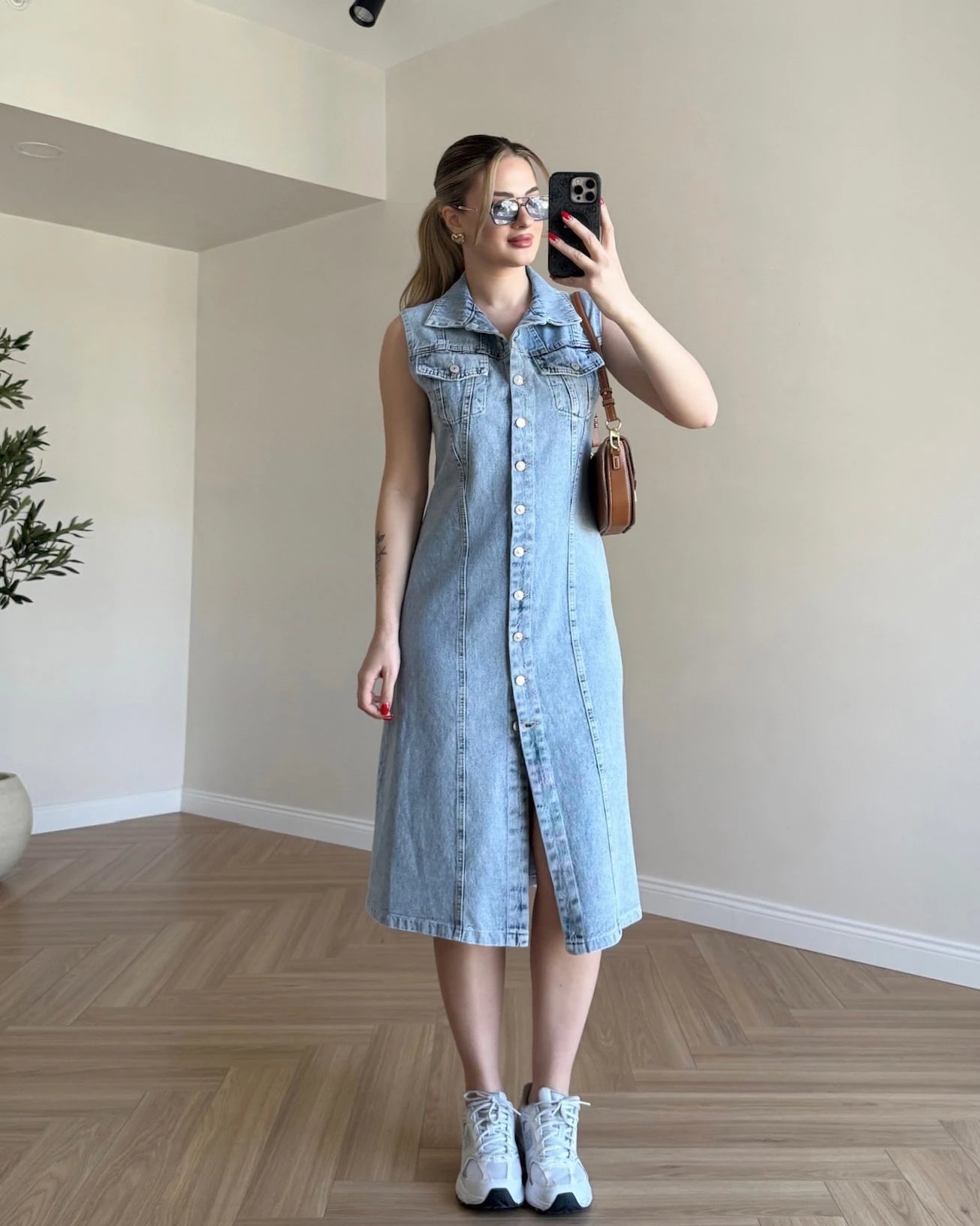 Sıfır Kol Cep Detaylı Denim Elbise - Açık Mavi