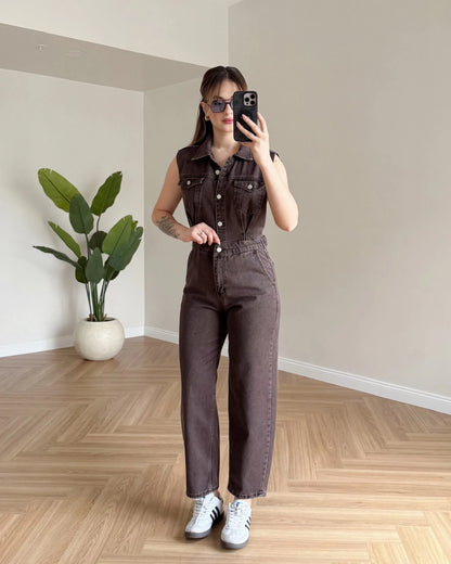 Sıfır Kol Denim Tulum - Kahve