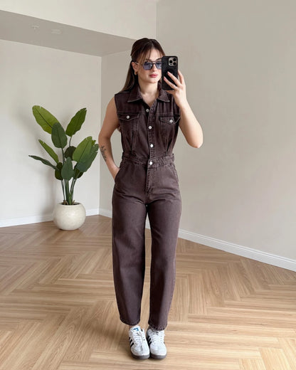 Sıfır Kol Denim Tulum - Kahve