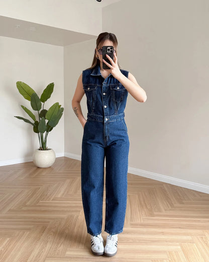 Sıfır Kol Denim Tulum - Koyu Mavi