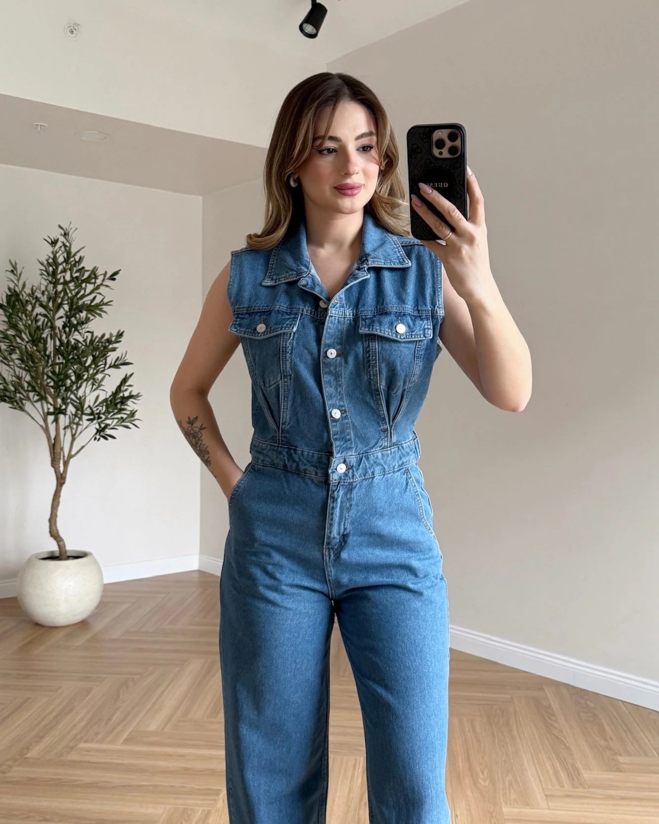 Sıfır Kol Denim Tulum - Açık Mavi