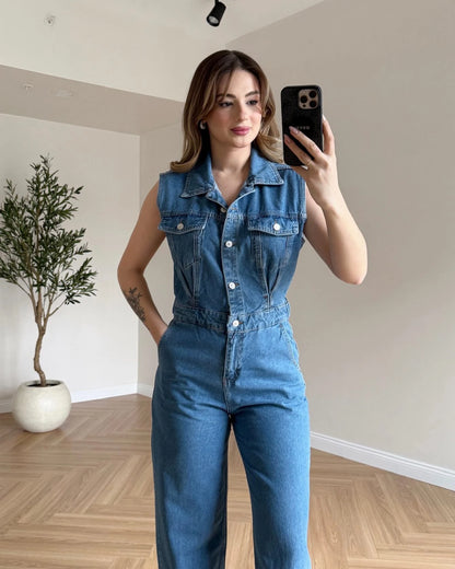 Sıfır Kol Denim Tulum - Açık Mavi