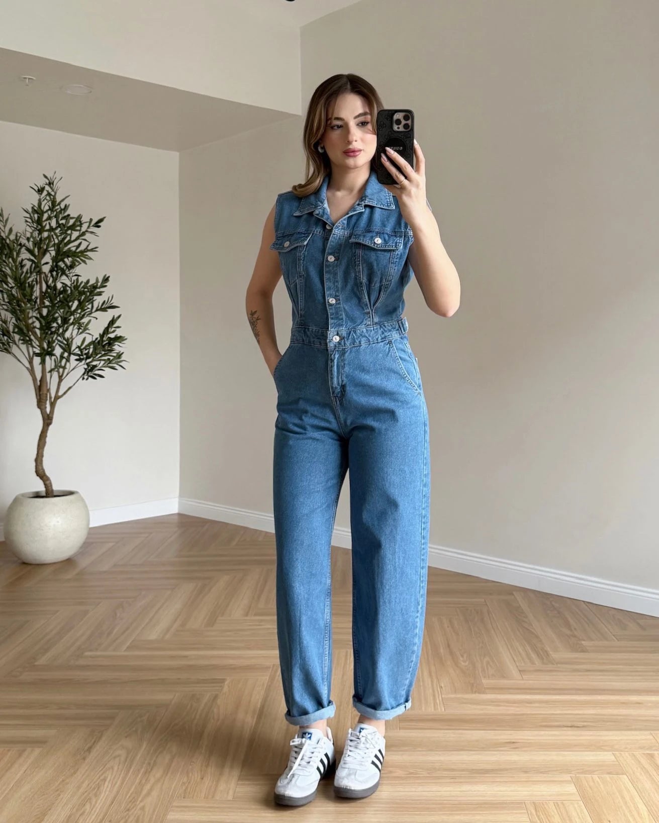 Sıfır Kol Denim Tulum - Açık Mavi
