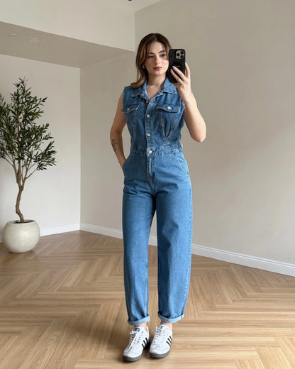 Sıfır Kol Denim Tulum - Açık Mavi