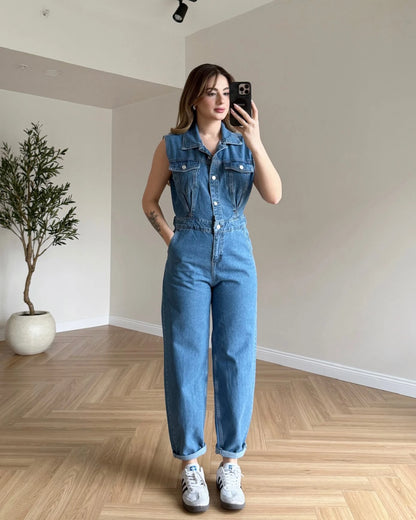 Sıfır Kol Denim Tulum - Açık Mavi