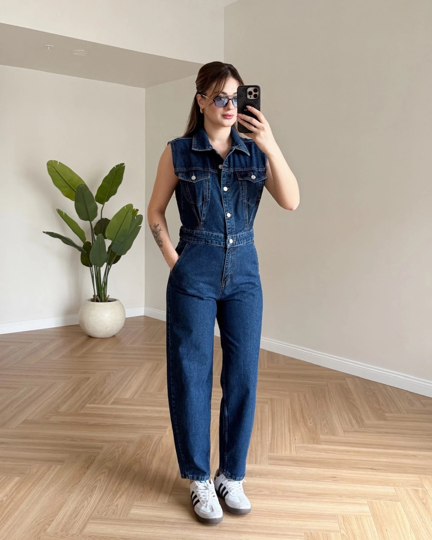 Sıfır Kol Denim Tulum - Koyu Mavi