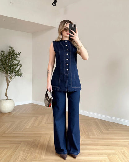 Sıfır Kol Yelekli Denim Takım - Lacivert