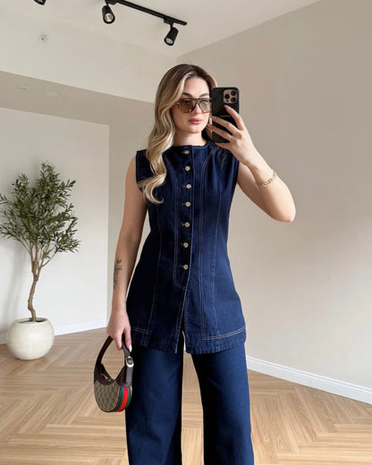 Sıfır Kol Yelekli Denim Takım - Lacivert