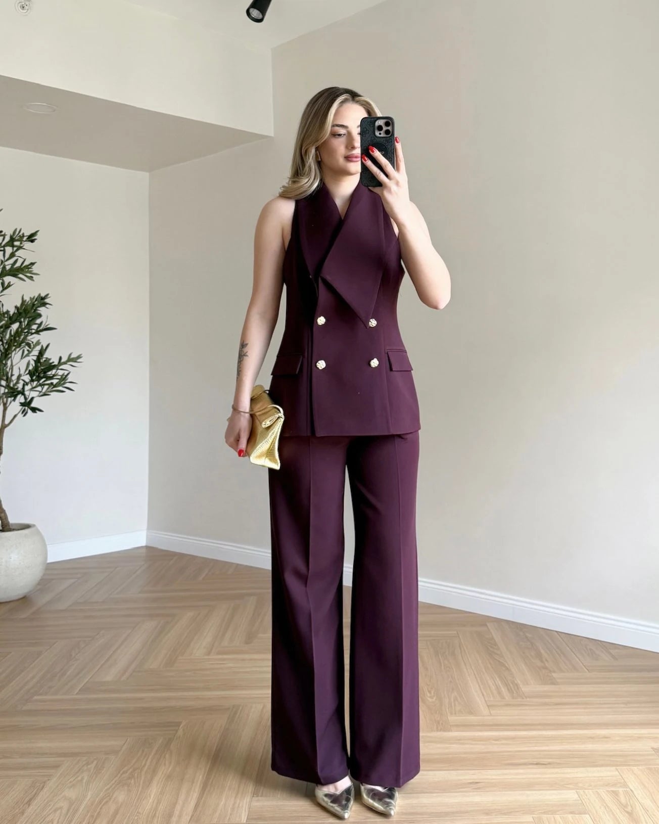 Tasarım Yakalı Yelek Pantolon Set - Mürdüm