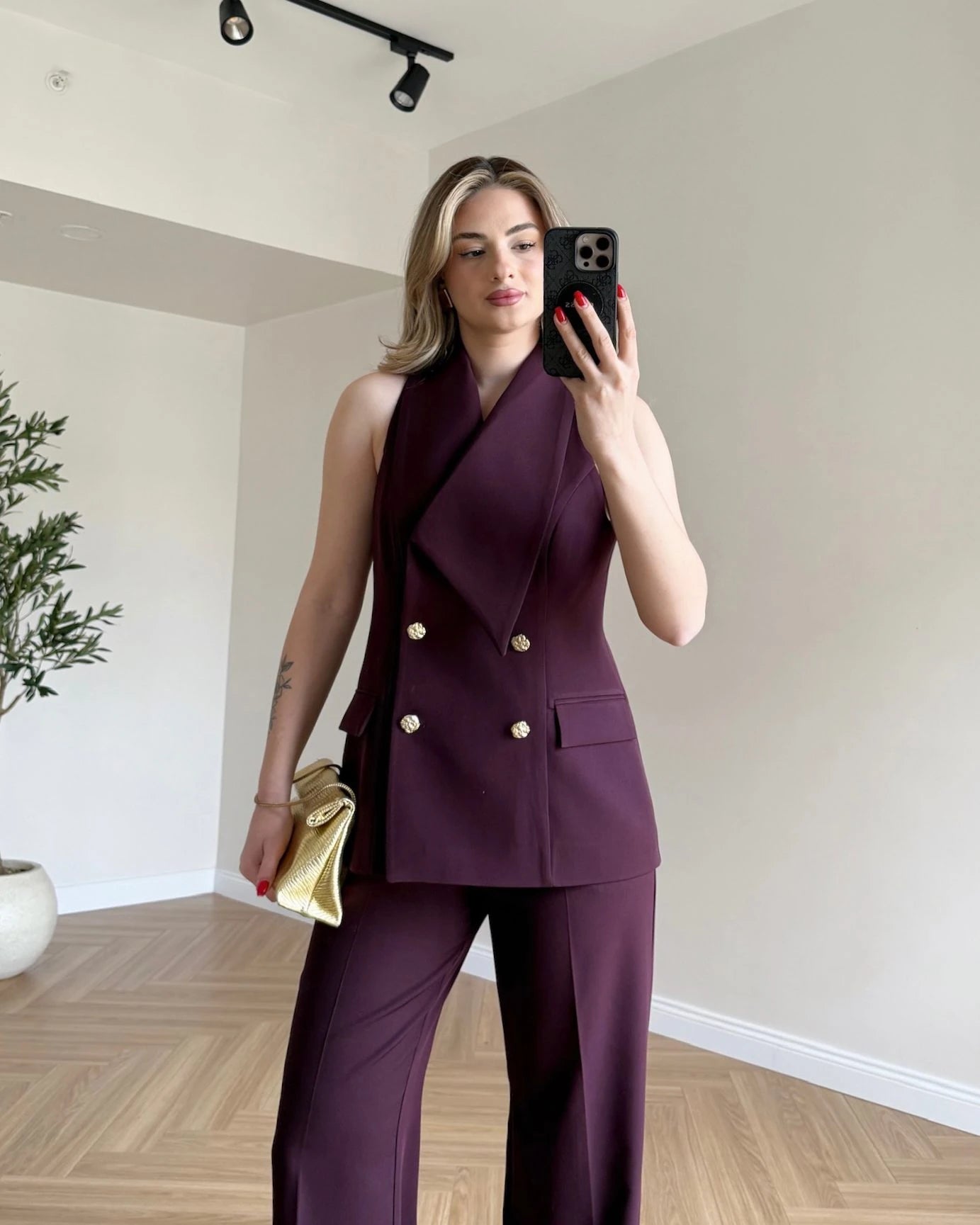Tasarım Yakalı Yelek Pantolon Set - Mürdüm