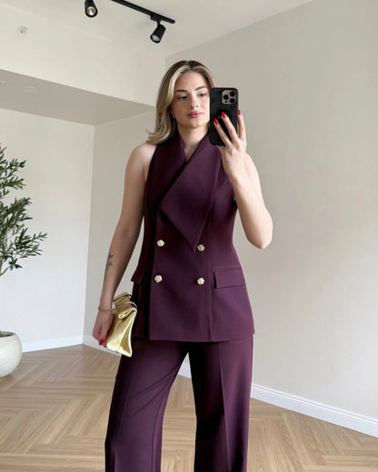 Tasarım Yakalı Yelek Pantolon Set - Mürdüm