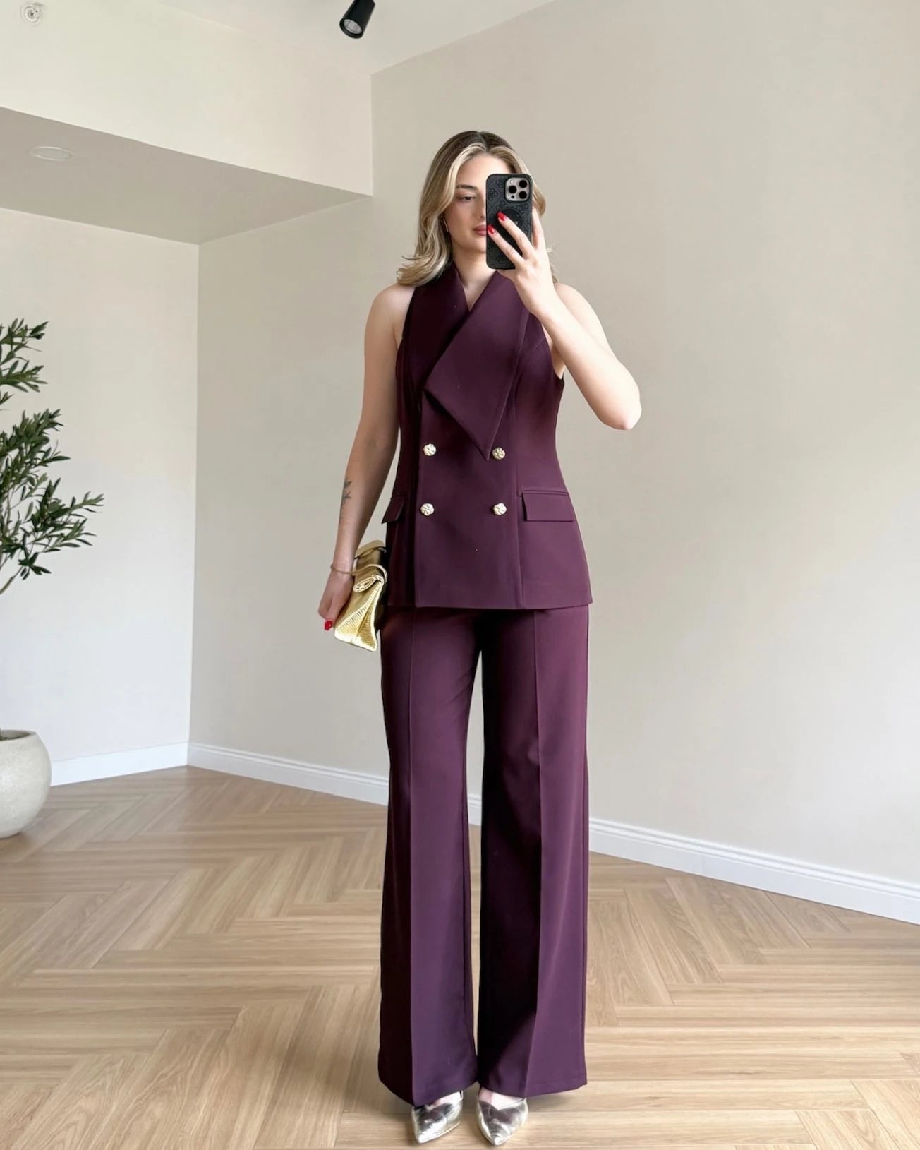 Tasarım Yakalı Yelek Pantolon Set - Mürdüm