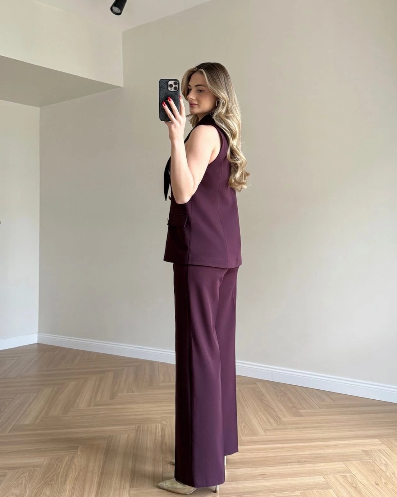Tasarım Yakalı Yelek Pantolon Set - Mürdüm