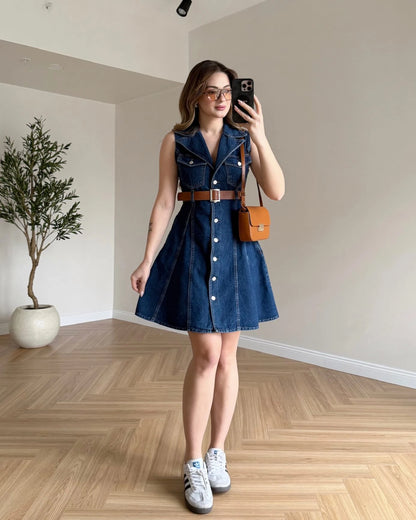 TOMY Kemerli Denim Elbise - Koyu Mavi