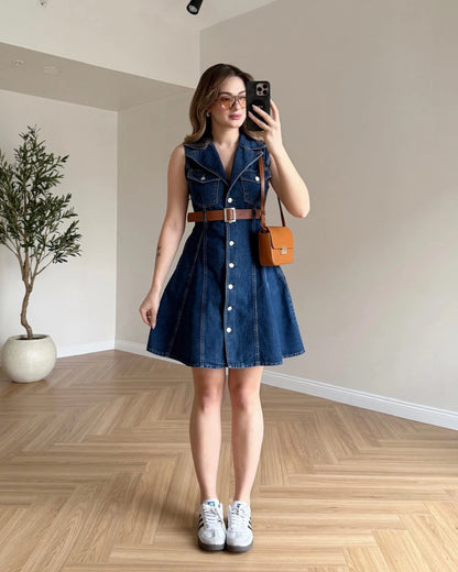 TOMY Kemerli Denim Elbise - Koyu Mavi